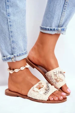 Outlet Boto Damskie Klapki Z Muszelkami Beżowe Spain