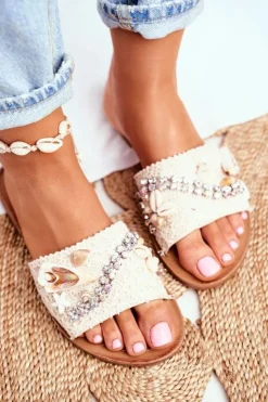 Outlet Boto Damskie Klapki Z Muszelkami Beżowe Spain