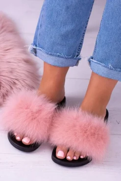 Boto Klapki Z Futerkiem|Klapki Damskie Klasyczne*Damskie Klapki z Naturalnym Futerkiem Różowe Naturis