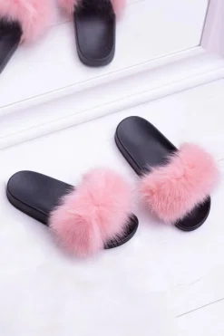 Boto Klapki Z Futerkiem|Klapki Damskie Klasyczne*Damskie Klapki z Naturalnym Futerkiem Różowe Naturis