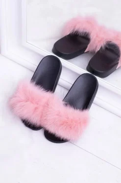 Boto Klapki Z Futerkiem|Klapki Damskie Klasyczne*Damskie Klapki z Naturalnym Futerkiem Różowe Naturis