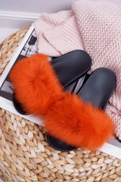 Boto Klapki Z Futerkiem|Klapki Damskie Klasyczne*Damskie Klapki z Naturalnym Futerkiem Pomarańczowe Naturis