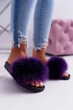 Damskie Boto Damskie Klapki z Naturalnym Futerkiem Fioletowe Naturis