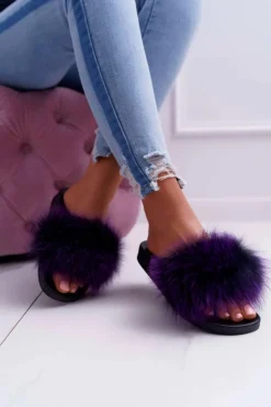 Damskie Boto Damskie Klapki z Naturalnym Futerkiem Fioletowe Naturis