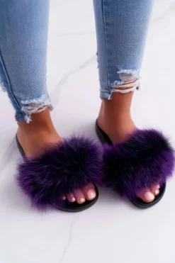 Damskie Boto Damskie Klapki z Naturalnym Futerkiem Fioletowe Naturis