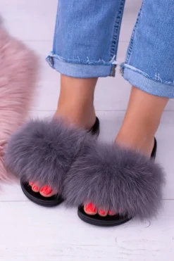 Damskie Boto Damskie Klapki z Naturalnym Futerkiem Szare Naturis