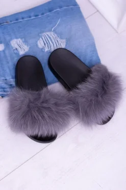 Damskie Boto Damskie Klapki z Naturalnym Futerkiem Szare Naturis