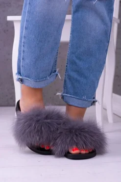 Damskie Boto Damskie Klapki z Naturalnym Futerkiem Szare Naturis