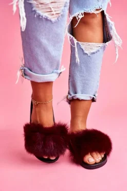 Damskie Boto Damskie Klapki z Naturalnym Futerkiem Ciemno Czerwone Naturis