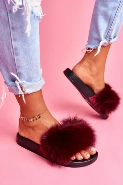 Damskie Boto Damskie Klapki z Naturalnym Futerkiem Ciemno Czerwone Naturis