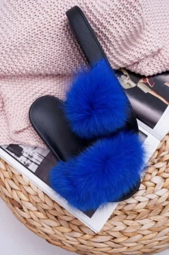 Damskie Boto Damskie Klapki z Naturalnym Futerkiem Szafirowe Naturis