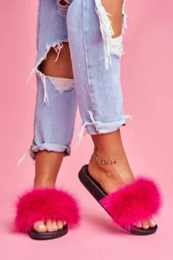 Best Boto Damskie Klapki z Naturalnym Futerkiem Fuksja Naturis