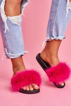 Best Boto Damskie Klapki z Naturalnym Futerkiem Fuksja Naturis