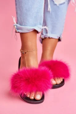 Best Boto Damskie Klapki z Naturalnym Futerkiem Fuksja Naturis