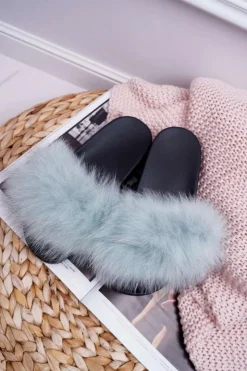 Clearance Boto Damskie Klapki z Naturalnym Futerkiem Miętowe Naturis