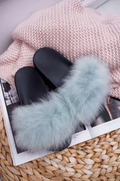 Clearance Boto Damskie Klapki z Naturalnym Futerkiem Miętowe Naturis