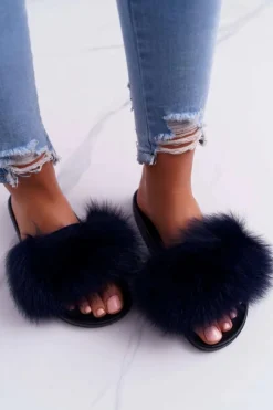 Boto Klapki Z Futerkiem|Klapki Damskie Klasyczne*Damskie Klapki z Naturalnym Futerkiem Granatowe Naturis