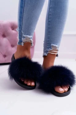 Boto Klapki Z Futerkiem|Klapki Damskie Klasyczne*Damskie Klapki z Naturalnym Futerkiem Granatowe Naturis