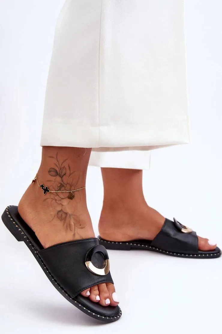 Boto Klapki Damskie Klasyczne*Damskie Klapki Z Ozdobą Czarne Sherry