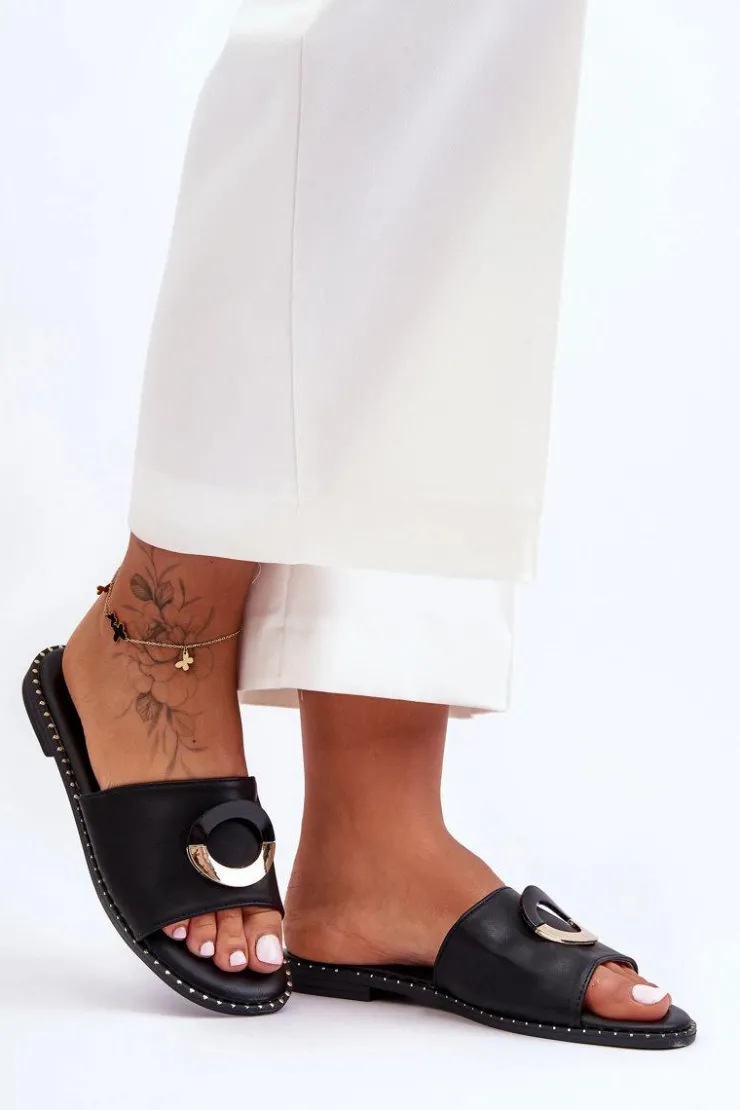 Boto Klapki Damskie Klasyczne*Damskie Klapki Z Ozdobą Czarne Sherry