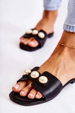 Boto Klapki Damskie Klasyczne*Damskie Klapki Z Ozdobnymi Perełkami Czarne Tacoma