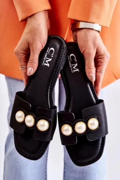 Boto Klapki Damskie Klasyczne*Damskie Klapki Z Ozdobnymi Perełkami Czarne Tacoma