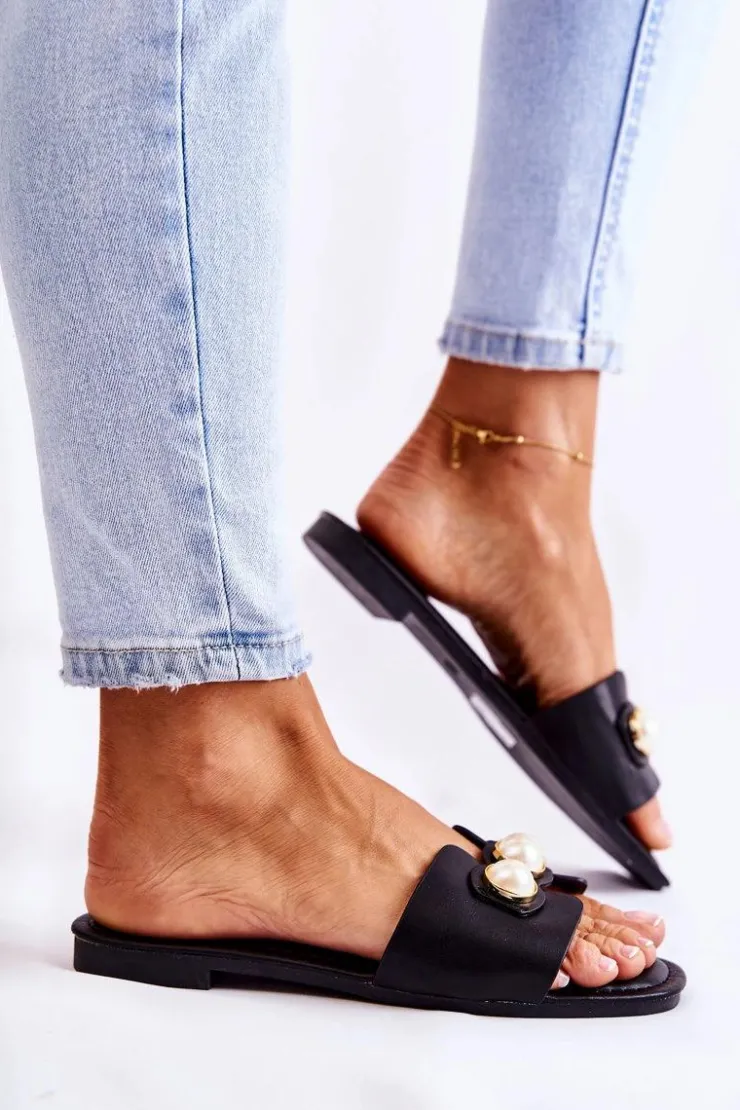 Boto Klapki Damskie Klasyczne*Damskie Klapki Z Ozdobnymi Perełkami Czarne Tacoma