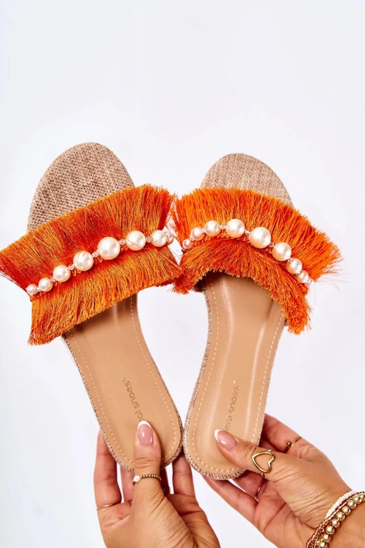 Boto Klapki Damskie Klasyczne*Damskie Klapki Z Ozdobnym Paskiem Pomarańczowe Ramisa