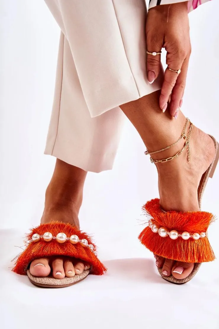 Boto Klapki Damskie Klasyczne*Damskie Klapki Z Ozdobnym Paskiem Pomarańczowe Ramisa