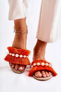 Boto Klapki Damskie Klasyczne*Damskie Klapki Z Ozdobnym Paskiem Pomarańczowe Ramisa