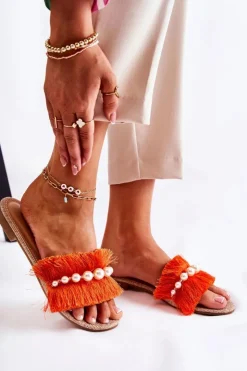 Boto Klapki Damskie Klasyczne*Damskie Klapki Z Ozdobnym Paskiem Pomarańczowe Ramisa