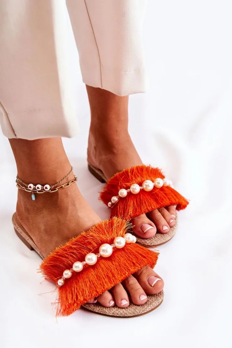 Boto Klapki Damskie Klasyczne*Damskie Klapki Z Ozdobnym Paskiem Pomarańczowe Ramisa