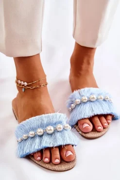 New Boto Damskie Klapki Z Ozdobnym Paskiem Niebieskie Ramisa