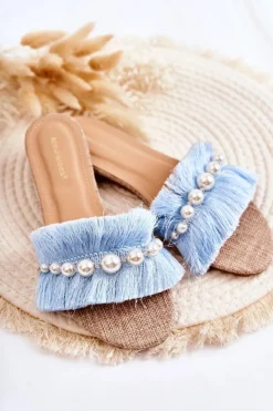 New Boto Damskie Klapki Z Ozdobnym Paskiem Niebieskie Ramisa