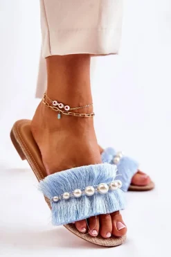 New Boto Damskie Klapki Z Ozdobnym Paskiem Niebieskie Ramisa