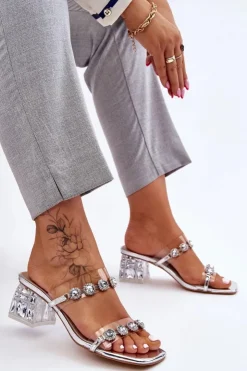 Outlet Damskie buty S.Barski Damskie Klapki Z Ozdobnymi Cyrkoniami Srebrne Leyla