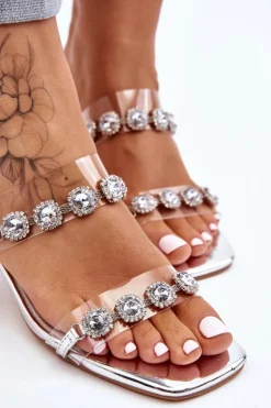 Outlet Damskie buty S.Barski Damskie Klapki Z Ozdobnymi Cyrkoniami Srebrne Leyla