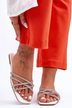 Boto Klapki Damskie Klasyczne*Damskie Klapki Z Paseczkami I Dżetami Białe Leomi