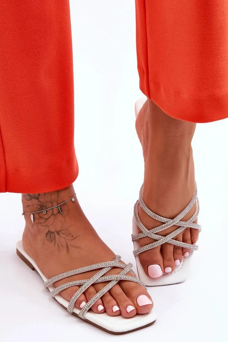 Boto Klapki Damskie Klasyczne*Damskie Klapki Z Paseczkami I Dżetami Białe Leomi