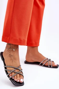 Damskie Boto Damskie Klapki Z Paseczkami I Dżetami Czarne Leomi