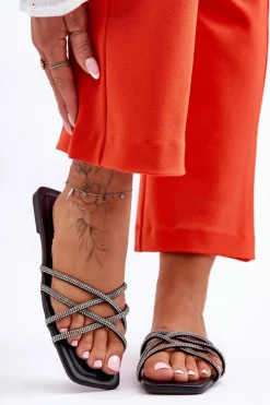 Damskie Boto Damskie Klapki Z Paseczkami I Dżetami Czarne Leomi