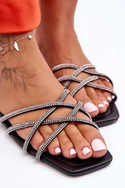 Damskie Boto Damskie Klapki Z Paseczkami I Dżetami Czarne Leomi