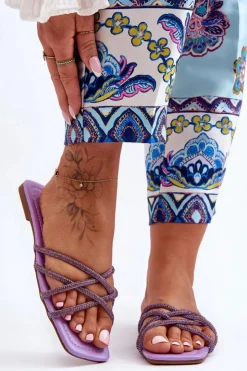 Boto Klapki Damskie Klasyczne*Damskie Klapki Z Paseczkami I Dżetami Fioletowe Leomi Fioletowy