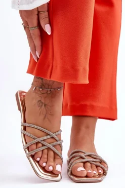 Damskie Boto Damskie Klapki Z Paseczkami I Dżetami Złote Leomi