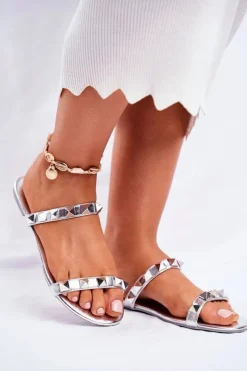 Boto Klapki Damskie Klasyczne*Damskie Klapki z Ćwiekami Srebrne Merrados