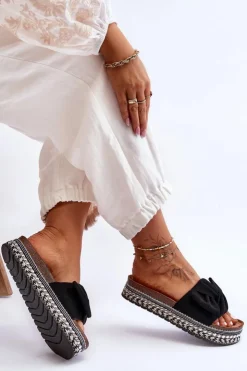 Damskie Boto Damskie Klapki Zamszowe Z Kokardą Czarne Lauria