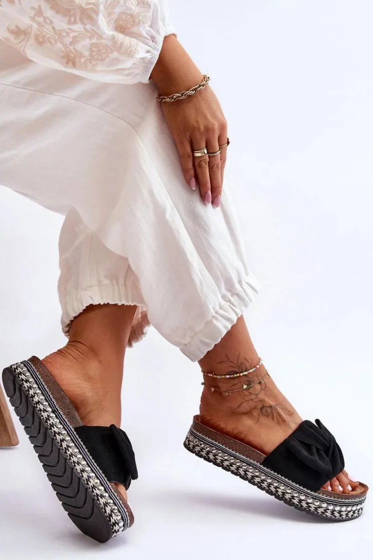 Damskie Boto Damskie Klapki Zamszowe Z Kokardą Czarne Lauria