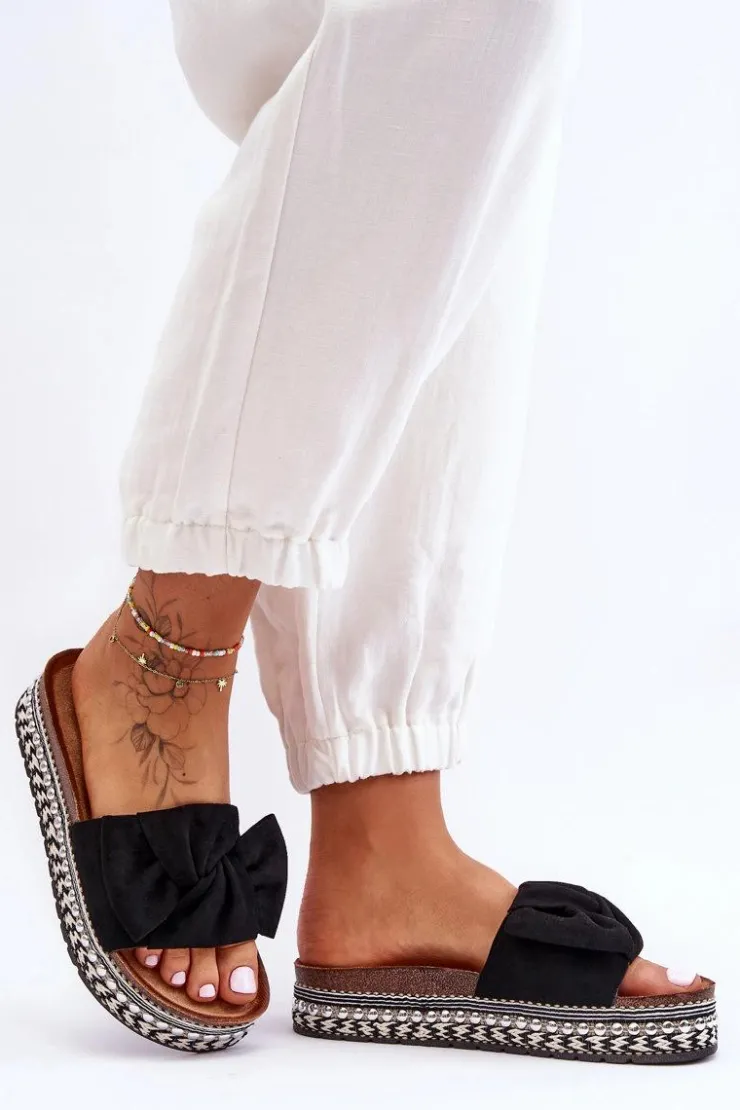 Damskie Boto Damskie Klapki Zamszowe Z Kokardą Czarne Lauria