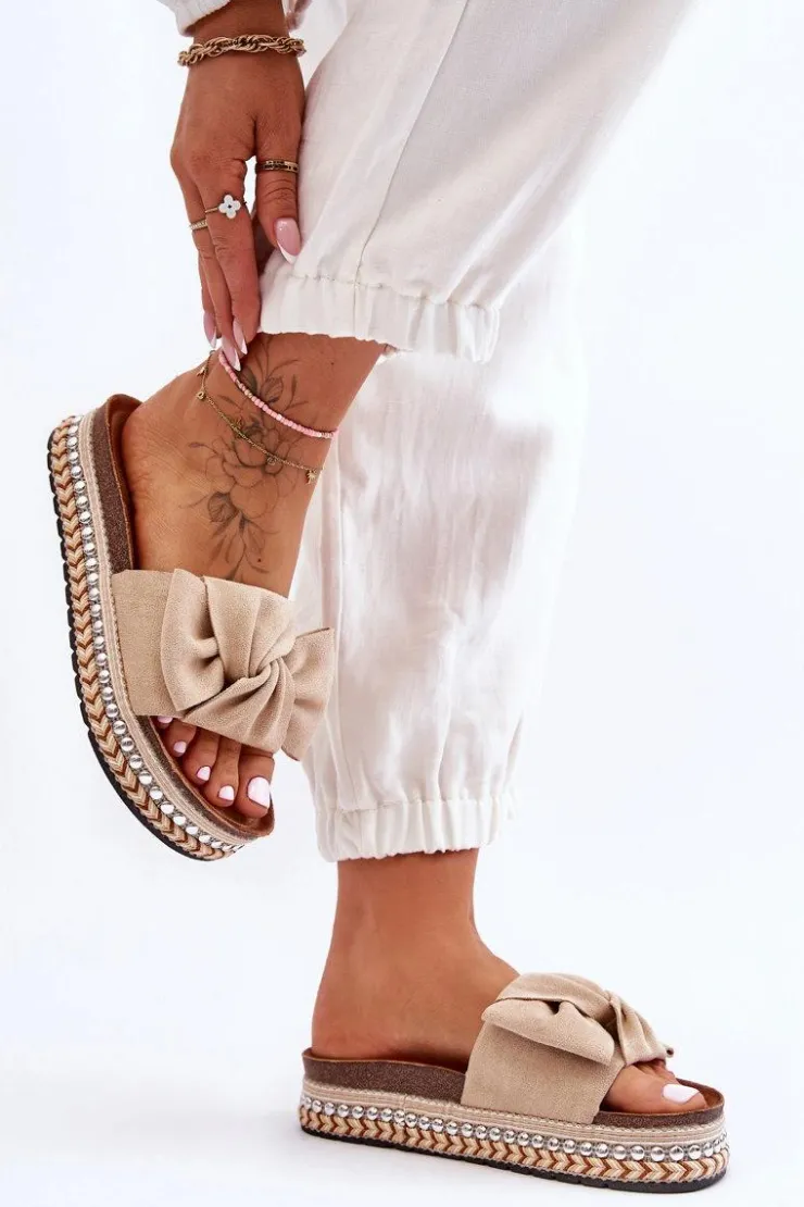 Boto Klapki Korkowe|Klapki Damskie Klasyczne*Damskie Klapki Zamszowe Z Kokardą Beżowe Lauria