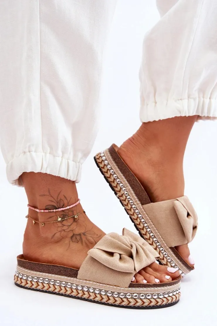 Boto Klapki Korkowe|Klapki Damskie Klasyczne*Damskie Klapki Zamszowe Z Kokardą Beżowe Lauria